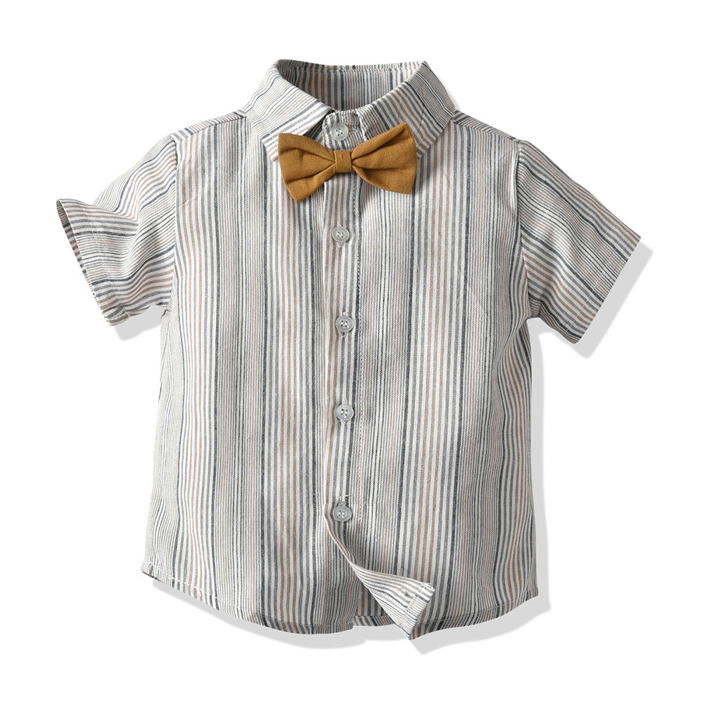 Handsome Boy Short Sleeve Striped Bib 2PC/Set Children's Wear