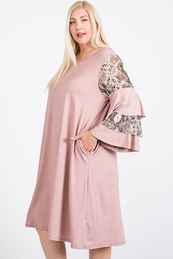 Round Neck Mixed Ruffle Sleeve Round Hem Midi Dress ( 3X-4X-5X-6X )